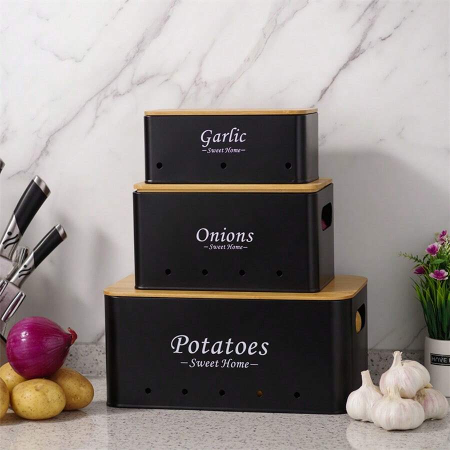 3pcs Black/White Onion, Potato, Garlic Storage Containers With Ventilation Holes And Bamboo Lids, Kitchen Organization, Stackable, Hand Wash, Reusable, Durable