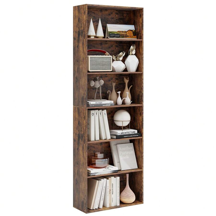 COSTWAY 6-Tier Open Bookcase, 178 Cm Tall Floor Standing Book Storage Organizer, Modern Display Rack Bookshelf W/2 Anti-Tipping Kits For Living Room, Bedroom, Study, Rustic Brown - A - View 1
