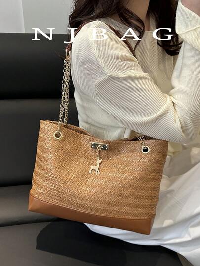 Large Capacity Woven Deer Decor Tote Bag, Lightweight Shopping Shoulder Bag, Suitable For Summer Travel, Vacation, Holiday, Beach Essentials, Portable, Ideal For Girls, Beach Accessories & Summer Necessities, Summer Travel Bag, Eye-Catching Beach Bag, Best Beach Bag For Women, Fashionable Summer Travel Bag