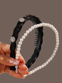 2pcs Women's Fashion Delicate Rejuvenating Braided Wig & Pearl Headband Set - Multicolor - View 3