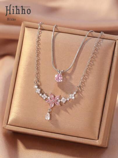 Hihho 2pcs Set Zirconia Flower Layered Necklace, Silver-Plated Luxury Niche Design Choker Necklace Set, V-Shaped Collarbone Chain With White Zirconia Diamond And Teardrop Zirconia Pendant; Inner Layer Is Minimalist Snake Bone Chain With Round Pink Zirconia Single Diamond Pendant