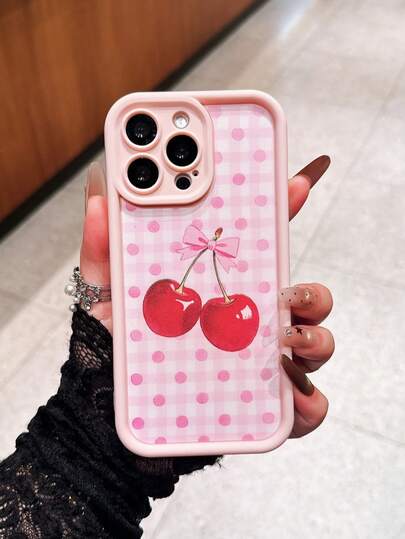 粉色樱桃条纹格子手机壳，防摔、防汗、防指纹、耐磨、不褪色，兼容 17 Pro Max/17 Pro/17 Air/17/16 Pro Max/16 Plus/16/15 Pro Max/15 Pro/15/14 Pro Max/14 Pro/14/13/12/11