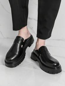 Men's Round Toe Derby Slip-On Loafers, Minimalist British Retro Style Thick Sole Leather Mules Shoes, Summer - Black - View 9