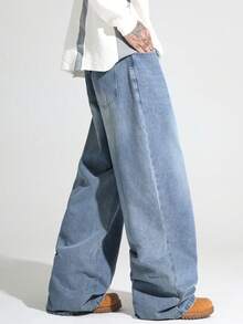 1pc Justice Brother Men's Loose Washed Denim Casual Baggy Wide Leg Jeans Pants (Excluding Belt/Accessories) - Rửa nhẹ - Xem 3