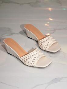 White Crochet Wedge Mules Women Square Toe Braided Strap Wedge Heel Sandals - Off White - View 1