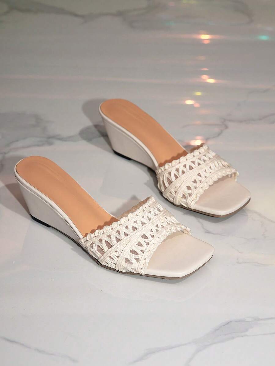 White Crochet Wedge Mules Women Square Toe Braided Strap Wedge Heel Sandals - Off White - View 1