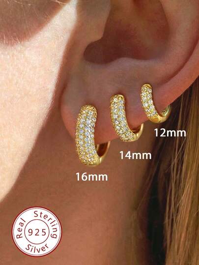 1 Pair 12mm-16mm Cubic Zirconia Earrings, 925 Sterling Silver Material, Minimalist Casual Women Earrings, High-Quality Jewelry Gift, Holiday/Birthday Gift, Suitable For Daily Wear