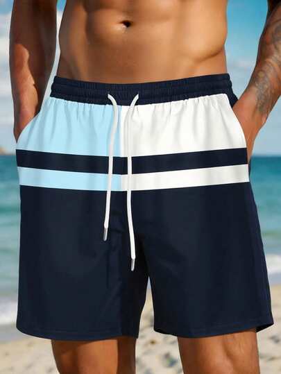 Plus Size Men's Summer Printed Pattern Drawstring Waist Slant Pocket Hawaiian Quick-Dry Single-Layer Unlined Shorts, Contrast Color 3D Artistic Print Fashion Casual Beach Holiday Bermuda Shorts