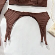 Brown Sheer Lace Bra And Panty Set With Garter Belt And Stockings, Comfortable Elastic Valentine's Day Gift For Romantic Night - Brown - View 6