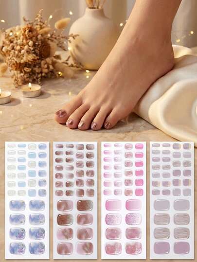 [UV Free] Spring & Summer Flattering Low Saturation Marble Pattern Nail Stickers, 34pcs Set, Glossy Finish, Long-Lasting, No UV Lamp Needed, Suitable For Vacation, Commute, Weekend Gatherings, Great Gift For Girls