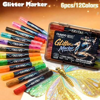 6pcs/12 Color Dual-Tip Metallic Glitter Markers | Brush Dual Tips, Essential For Card/Gift & Decor, Perfect Gift For Artists & Journalers, Medium Point, Water-Based Ink, Plastic Material