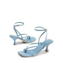 Women Kitten Heel Ankle Strap Thong Heeled Sandals, Fashion Open Toe Low Heel Summer Sandals For Casual Wearing And Wedding Party Formal Occasion - 藍色 - 查看 5