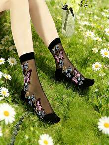 3 Pairs Women's Crystal Silk Mid-Calf Socks, Creative Butterfly Pattern Design, Fashionable, Breathable, Moisture-Wicking, Suitable For Daily Wear, Holidays, Gifts - Multicolor - View 7