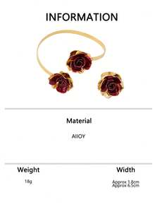 2 pezzi/set Bracciale multistrato floreale bordeaux e anello regolabile, set di gioielli elegante con fiore di rosa di alta qualità, adatto per feste, regalo di San Valentino - Bordò - Visualizzare 6