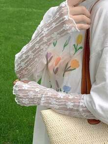 1 双精美防紫外线臂套，时尚蕾丝露指长手套，适合派对、约会、度假等场合 - 米色 - 查看 9