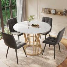 Dining Set (5 Pieces), Including A Table And Four Chairs, A Round Table 100 Cm In Diameter With Gold Metal Legs And White MDF Top, And Dark Grey Velvet Dining Chairs. - White - View 9