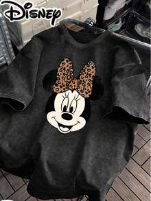 Disney Minnie Mouse Retro Old Wind Leopard Bow Head Creative Printing Design  Oversized Fashion Old T-Shirt 2026 Spring And Summer Round Neck T-Shirt Style Retro Fashion Lovers Popular Style Old Round Neck T-Shirt. - 黑色 - 查看 2