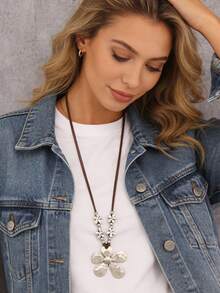 1 件简约银色不对称向日葵合金吊坠项链，可调节蜡绳项链，适合年轻女性、女友的时尚日常佩戴 - 小花朵串珠+太陽花 - 查看 5