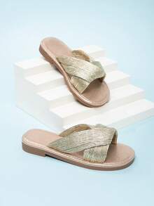 Girls' Casual Minimalist Flat Slide Sandals, Vacation Style - Gold - View 4