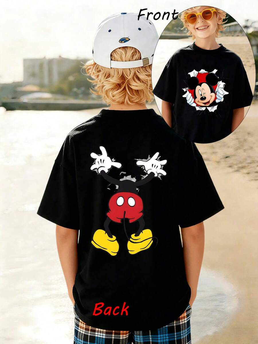 Disney Mickey Mouse Playful Breakthrough Print Boys Casual Tee, Comfortable Skin-Friendly Breathable Easy-To-Wear Shirt For Outdoor Activities And Family Trips - Black - View 1