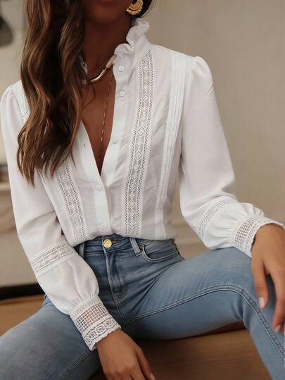 Women's Elegant White Woven Fabric Button Front Shirt With Contrast Lace And Bishop Long Sleeves Spring