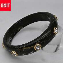 GNIT Multi-Piece Chunky Resin Bangle Set - Solid Black, Marbled Black & Crystal-Embellished Bracelets With Gold Accents, Stackable Wide Cuff For Edgy Y2K Retro Dark Luxury Fashion - Black - View 10