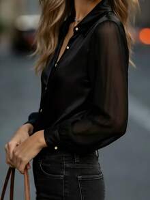 Blusa de manga larga elegante para mujer, tela suave y brillante tipo satén, diseño de manga plisada, mangas semitransparentes, acentos de botones dorados llamativos, estilo casual adecuado para uso diario u oficina, negro para primavera/verano/otoño - Negro - Ver 5