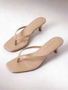 Women Kitten Heel Thong Heeled Sandals Fashion Open Toe Slip On Summer Sandals For Daily And Party Wedding Wearing - Màu be - Xem 1