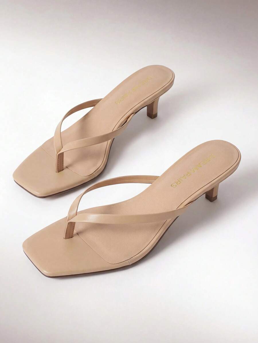 Women Kitten Heel Thong Heeled Sandals Fashion Open Toe Slip On Summer Sandals For Daily And Party Wedding Wearing - Màu be - Xem 1