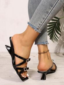 Women's Minimalist Metal Buckle Criss-Cross Peep Toe Chunky Heel Slip-On Casual Fashion Summer Sandals - Black - View 6