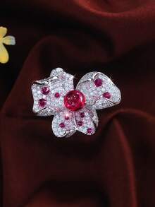 1pc Beautiful Rose Red Cubic Zirconia Big Flower Silver Plated Adjustable Open Ring For Women, Wedding, Engagement, Banquet, Cocktail Party, Brides, Bridesmaids, Girlfriends, Wife Gift - Rose Red - View 6