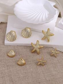 2pcs/8pcs Lightweight Fashionable Shell & Starfish Design Gold Earrings, Suitable For Beach, Summer Travel And Daily Wear - Gold - View 3