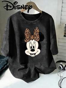 Disney Minnie Mouse Retro Old Wind Leopard Bow Head Creative Printing Design  Oversized Fashion Old T-Shirt 2026 Spring And Summer Round Neck T-Shirt Style Retro Fashion Lovers Popular Style Old Round Neck T-Shirt. - 黑色 - 查看 1