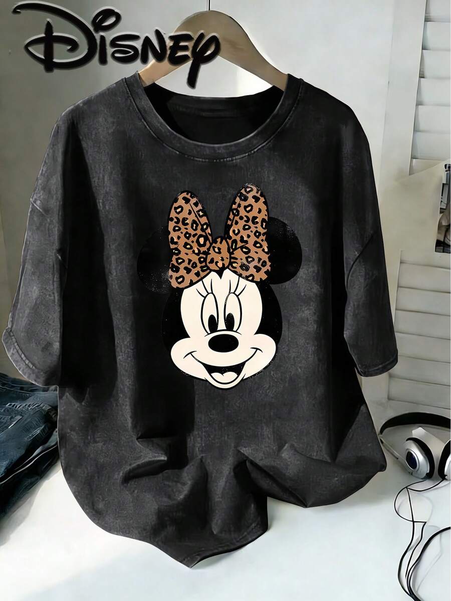 Disney Minnie Mouse Retro Old Wind Leopard Bow Head Creative Printing Design Oversized Fashion Old T-Shirt 2026 Spring And Summer Round Neck T-Shirt Style Retro Fashion Lovers Popular Style Old Round Neck T-Shirt. - 黑色 - 查看 1