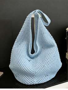 Túi tote đeo vai đan móc dung tích lớn - Túi xách tay bằng polyester đan nhẹ, đa chức năng, màu be, xanh nhạt, nâu, đen, thích hợp cho du lịch, đi biển, kỳ nghỉ và sử dụng hàng ngày, túi tote cỡ lớn, túi đi biển. - Màu xanh nhạt - Xem 9