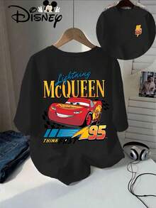 Disney Cars,Lightning McQueen,McQueen 95,Graphic Tee,Oversized T-Shirt,Beige T-Shirt,Crew Neck,Women's Top,Casual Wear,Spring Summer,Disney Co-Branded,Cartoon Print - 黑色 - 查看 1