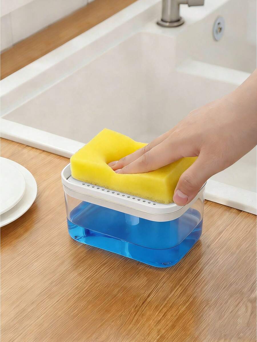 1pc Kitchen Soap Dispenser, Dishwashing Liquid Dispenser With Sponge Holder, Includes Dishwashing Sponge, Refillable Large Capacity Soap Dispenser, Creative Plastic Pump Soap Dispenser