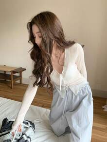 Women's Frill Trim Tie Front Lightweight Cover Up Sheer Cover Up Long Sleeve Top, Spring/Summer - White - View 7