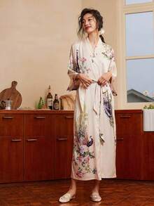 European And American Vintage Loose Plus Size Mid-Length Bohemian Peacock Print Kimono Cover Up Robe Summer Beach Cover-Up Bikini Swimwear Outerwear Bathrobe - Apricot - View 5