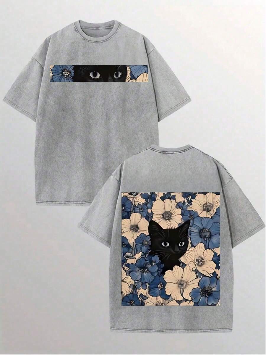 Vintage Washed T-Shirt Double Sided Printed (230g Pure Cotton T-Shirt), Vintage Floral Themed Black Cat Pattern Print, Comfortable, Fashionable T-Shirt, Street Style Cotton - 灰色 - 查看 1