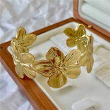 Bộ 2 chiếc vòng tay và nhẫn kiểu dáng retro tối giản, thanh lịch, đa năng, lấy cảm hứng từ lá và hoa kiểu Châu Âu và Mỹ. - Vàng - Xem 3