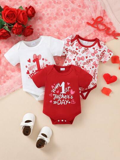 3pcs Romper Set With "My First Mother's Day, Father's Day" Slogan Print, Comfortable Fabric, Suitable For Spring/Summer Outdoor Sports And Casual Wear, Suitable As Holiday Gift