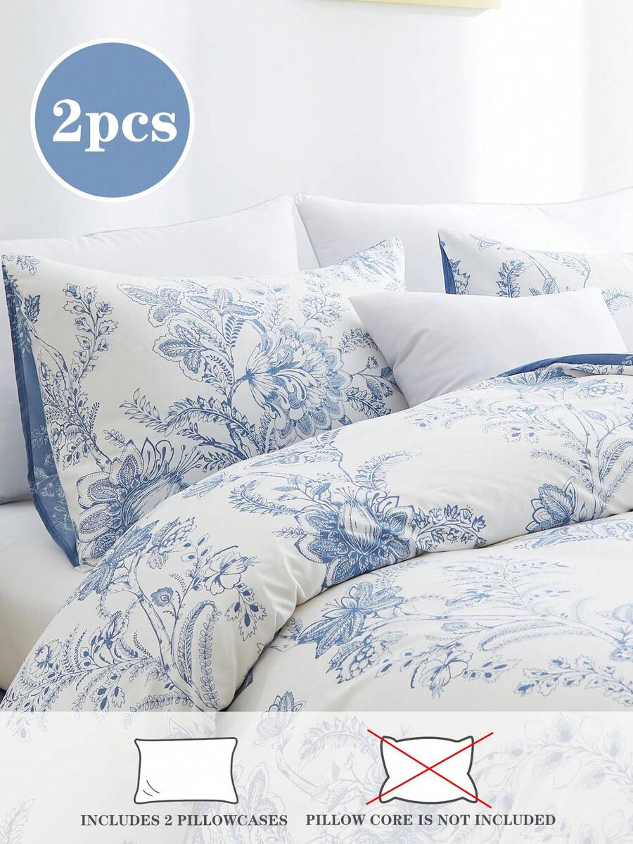 2-Piece Set, Blue Floral Print, Super Soft, Cute Girl Pattern, Fresh And Compact, Suitable For Spring/Summer, Bedding, Pillow Inserts Not Included, Twin/Full/Queen/King - Blue and White - View 1