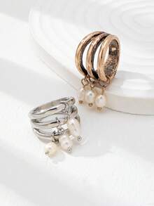 Bộ 2 chiếc nhẫn bản lớn kiểu cổ điển đính ngọc trai dành cho nữ. - Nhiều màu - Xem 2