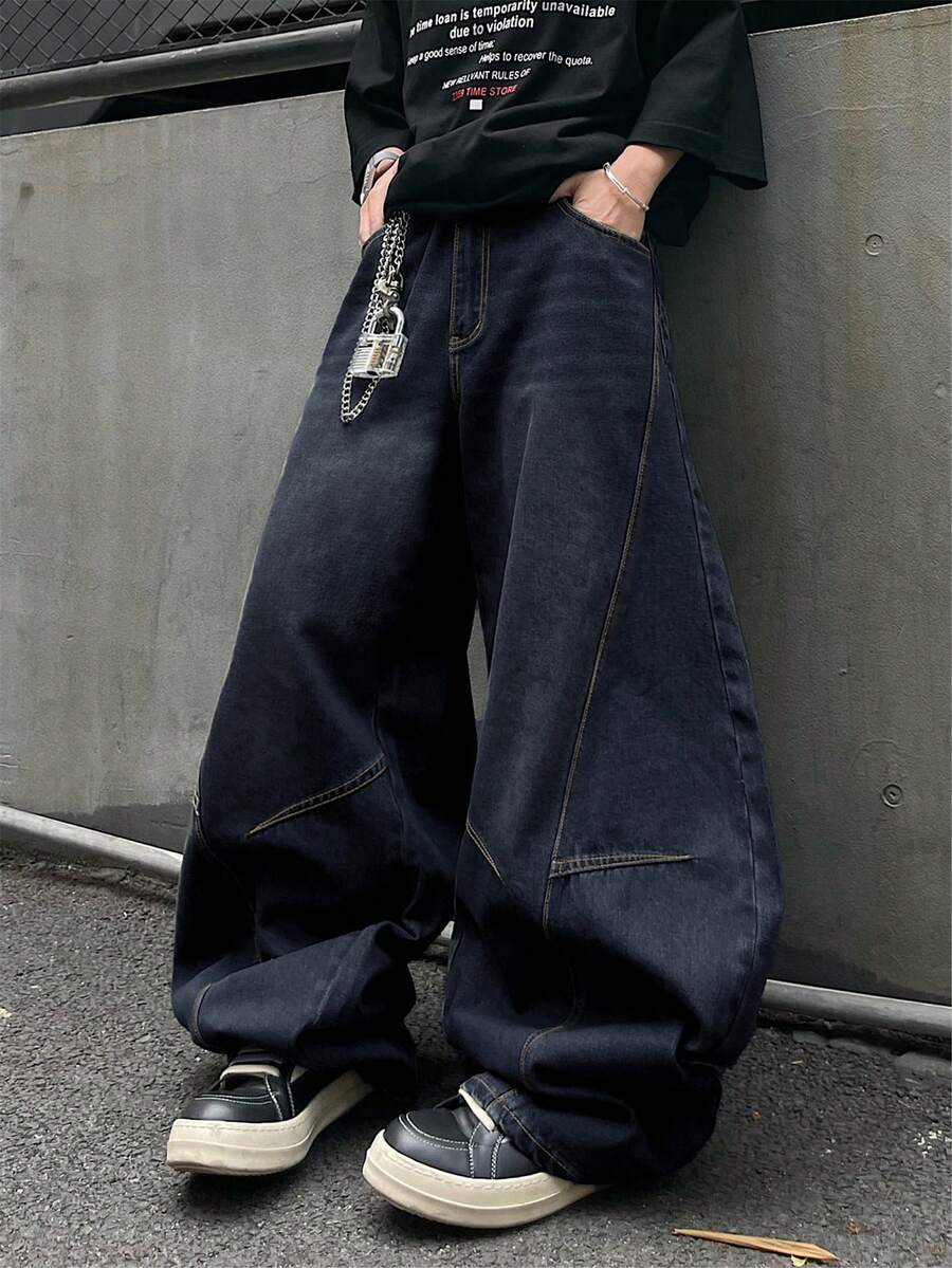 1pc Men's Distressed Vintage Wash Loose Fit Patchwork Design Straight Leg Jeans (Belt And Accessories Not Included) - Dark Wash - View 1