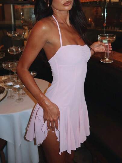 Amore Damklänning med sexig strandsemesterstil, åtsittande midja, spaghettiband, ärmlös mesh-festklänning, lämplig för fester, vardagskläder, sommarsemester, födelsedagsfester, bröllopsgästkläder, rosa klänning