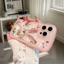 Bunnies 1pc Fashionable Transparent Wavy Irregular Protective Phone Case, Cute Rabbit & Leaf Pattern, Ideal Daily Choice For Women, Compatible With IPhone17Air/17pro/17promax/17/16e/16/15/14/13/12/11/X/Xr/8/7/GalaxyA14/A15/A54/S24/S24Ultra Series - Pink - View 4