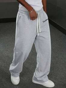 男士字母印花阔腿运动裤，黑色宽松休闲裤，垂坠感运动裤，复古美式字母运动裤，宽松阔腿裤，街头风休闲长裤 - 淺灰色 - 查看 5