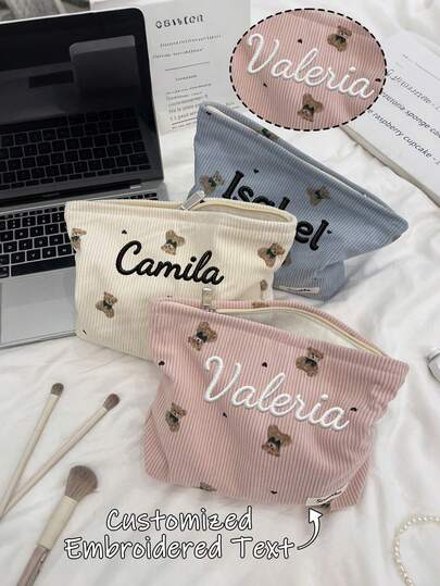 Customized Embroidered Corduroy Cosmetic Bag, Personalized Embroidered Text Name Lipstick Storage Pouch, Women's Minimalist Large Capacity Zipper Design Storage Bag, Lipstick & Coin Purse, Gift For Friends, Girlfriend, Best Friend