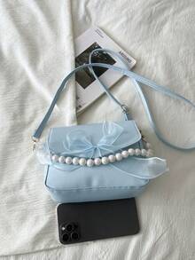 Sweet Lace Bow Pearl Mini Handbag Shoulder Bag - Baby Blue - View 5
